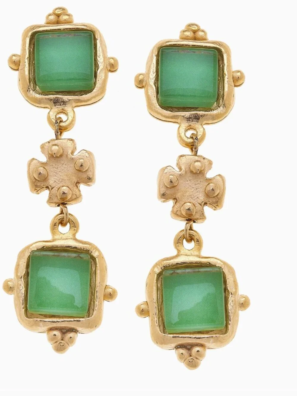 Timeless! Susan Shaw Charlotte Deux Tier French Glass Earrings Green - Picture 2 of 3